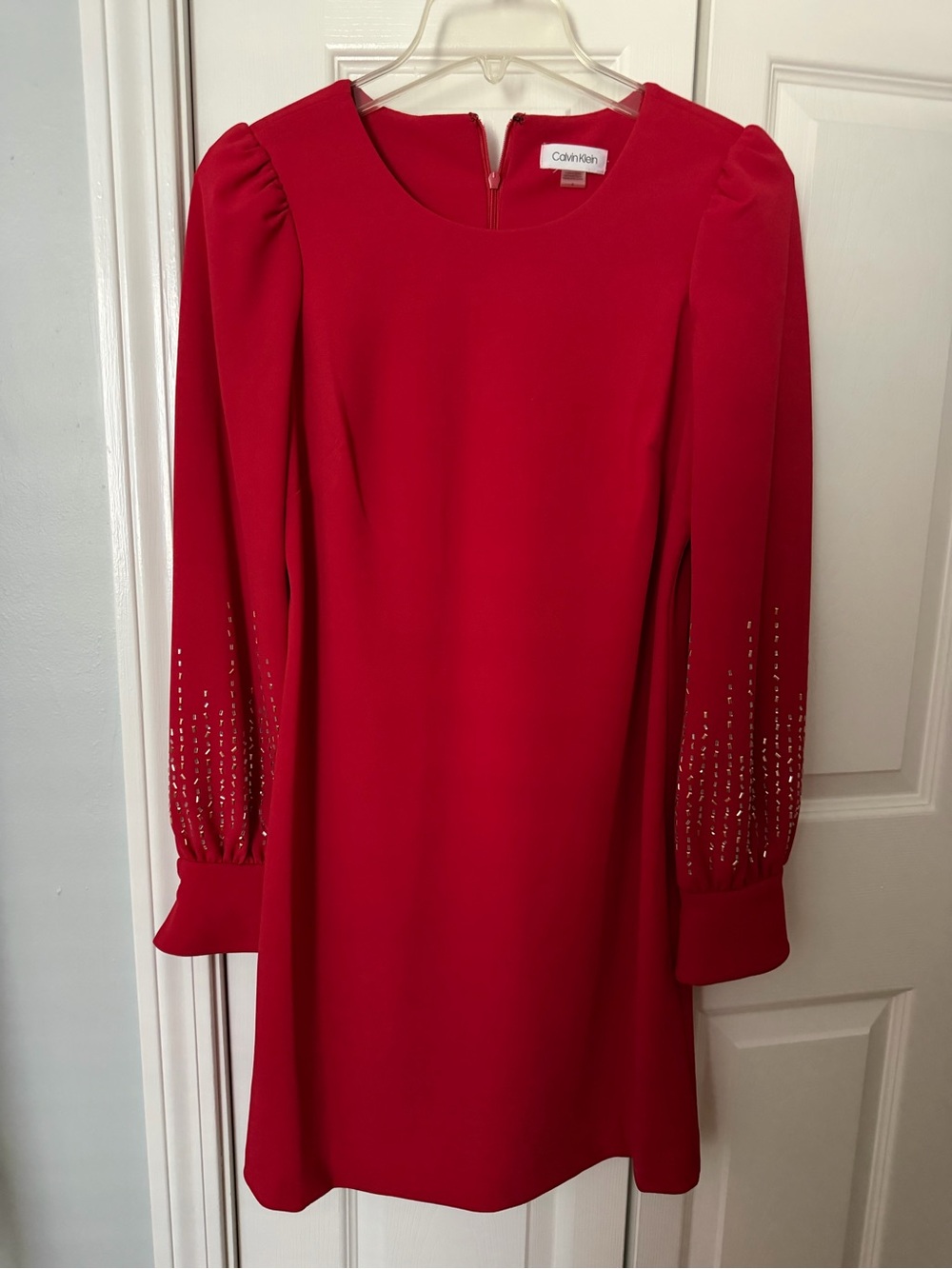 Calvin Klein Vibrant Red Long-Sleeve Shift Dress with Beaded Sleeves